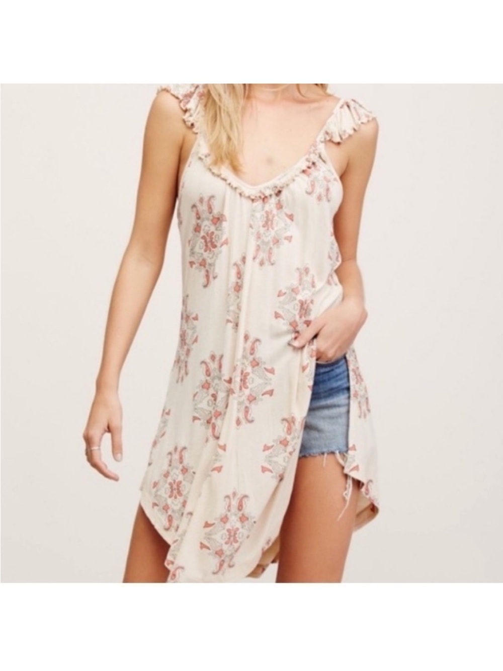 Free People Drifter Dress Ivory Floral Boho Swing Tank Dress Ruffle Trim - Picture 3 of 9